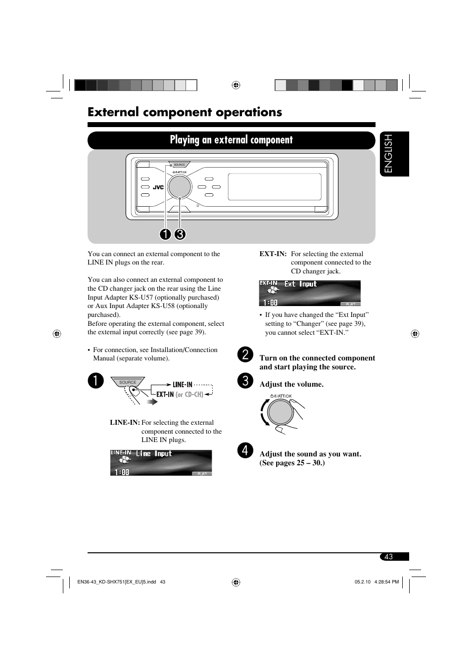 External component operations, Playing an external component | JVC LVT1311-003A User Manual | Page 43 / 62