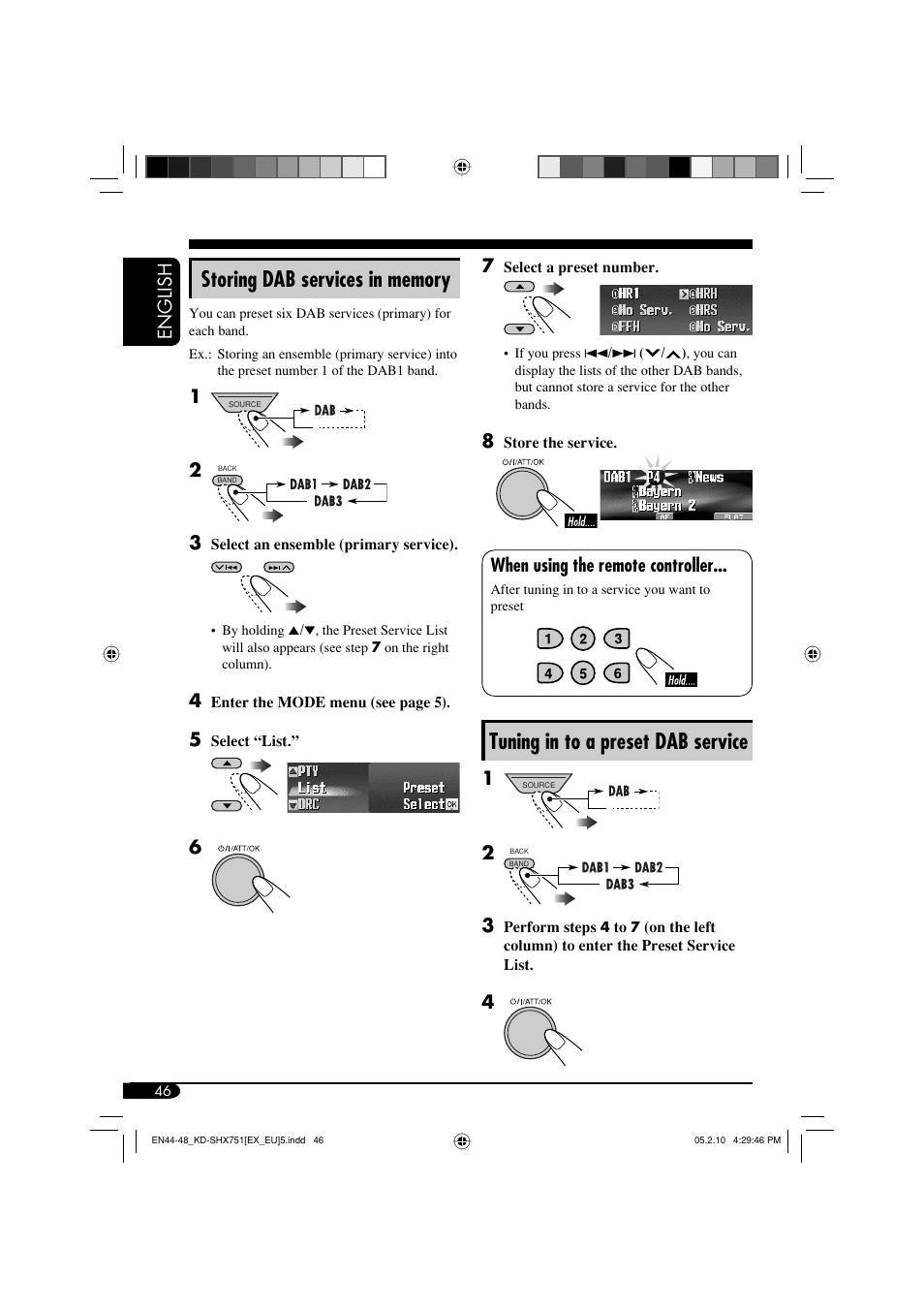 Tuning in to a preset dab service, English 7, When using the remote controller | JVC LVT1311-003A User Manual | Page 46 / 62