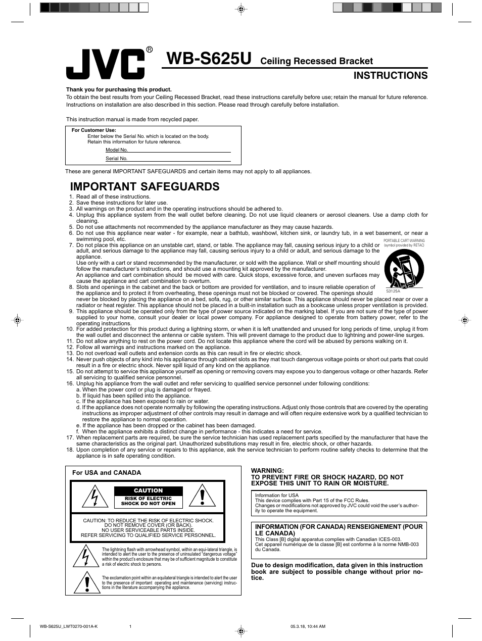 JVC Ceiling Recessed Bracket WB-S625U User Manual | 4 pages