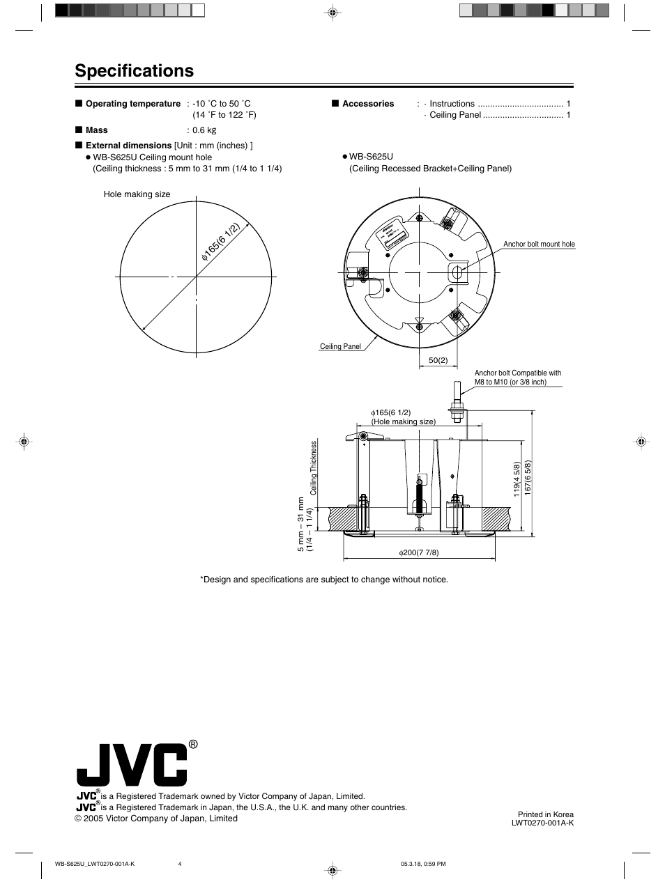 Specifications | JVC Ceiling Recessed Bracket WB-S625U User Manual | Page 4 / 4