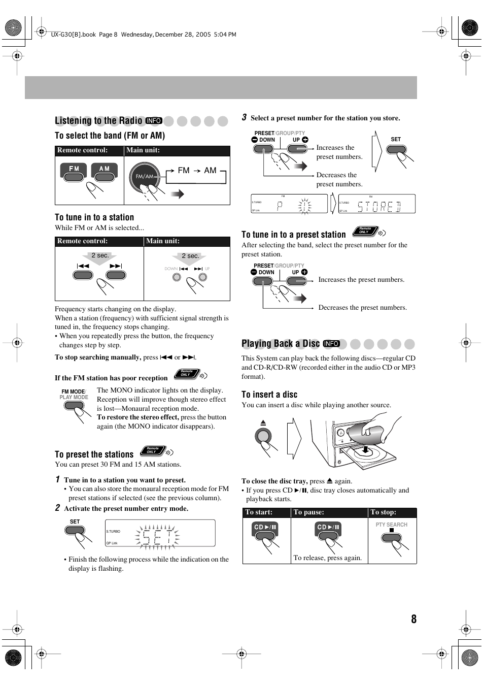 Listening to the radio, Playing back a disc | JVC CA-UXG33 User Manual | Page 11 / 24