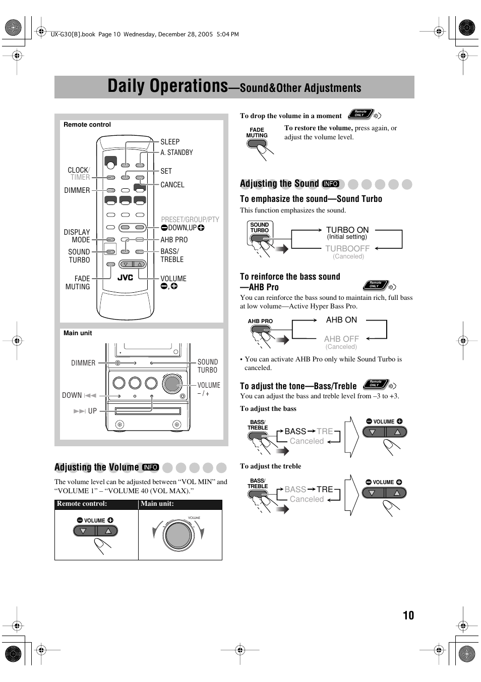 Daily operations—sound&other adjustments, Adjusting the volume, Adjusting the sound | Daily operations, Sound&other adjustments | JVC CA-UXG33 User Manual | Page 13 / 24