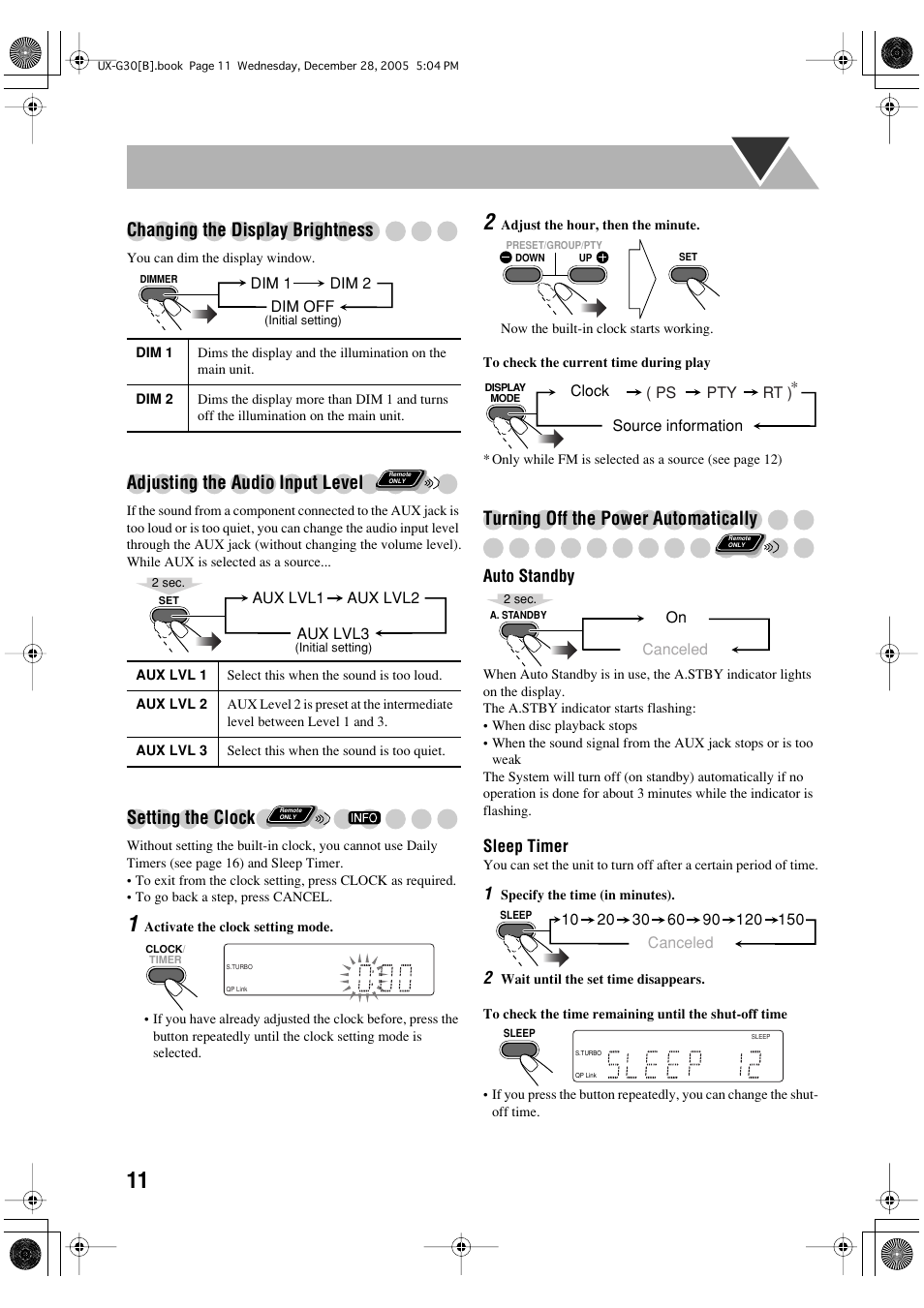 Changing the display brightness, Adjusting the audio input level, Setting the clock | Turning off the power automatically | JVC CA-UXG33 User Manual | Page 14 / 24