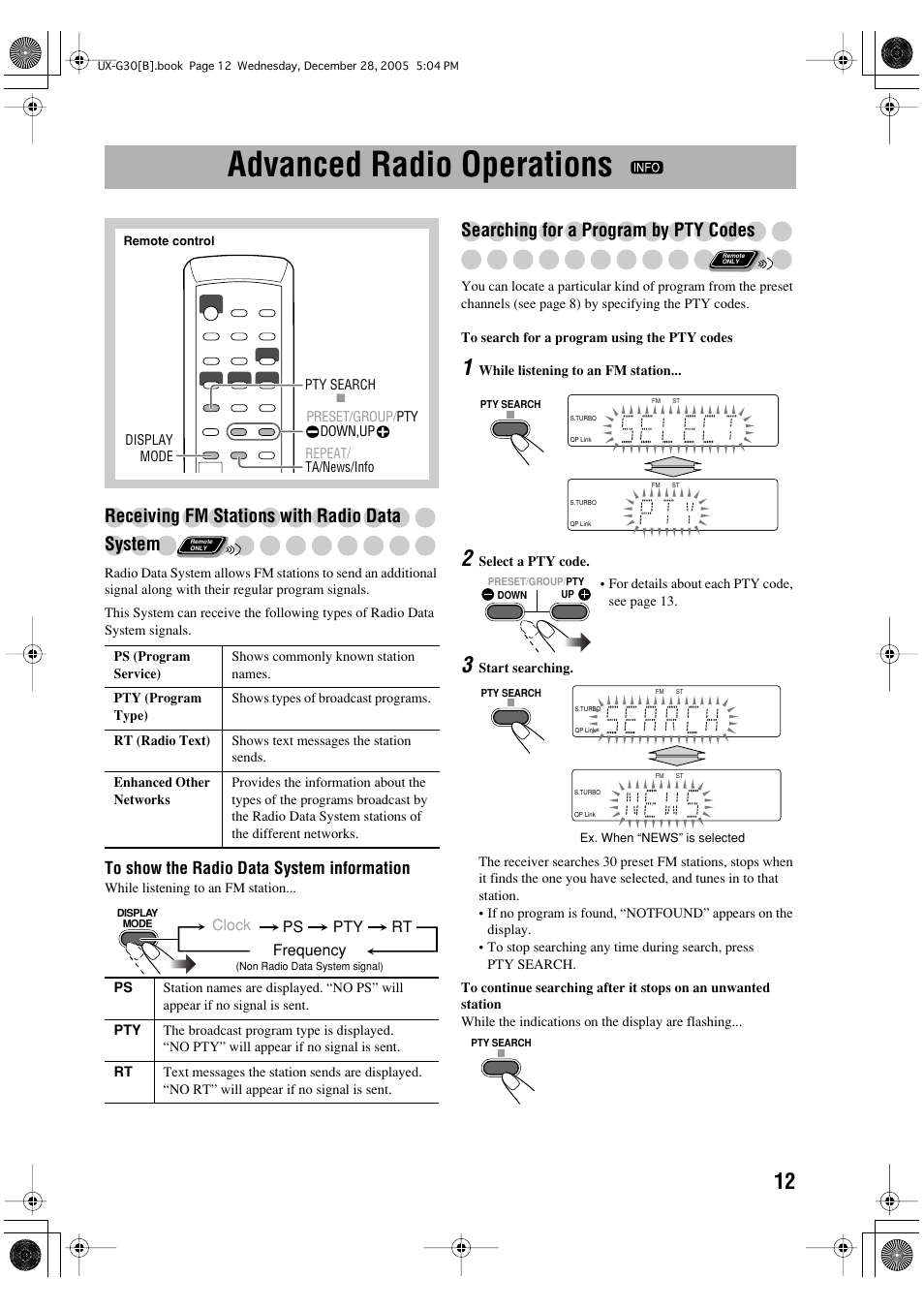 Advanced radio operations, Receiving fm stations with radio data system, Searching for a program by pty codes | JVC CA-UXG33 User Manual | Page 15 / 24