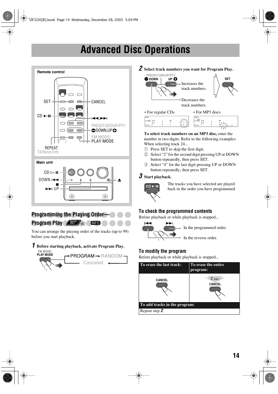 Advanced disc operations, Programming the playing order—program play, Programming the playing order— program play | JVC CA-UXG33 User Manual | Page 17 / 24