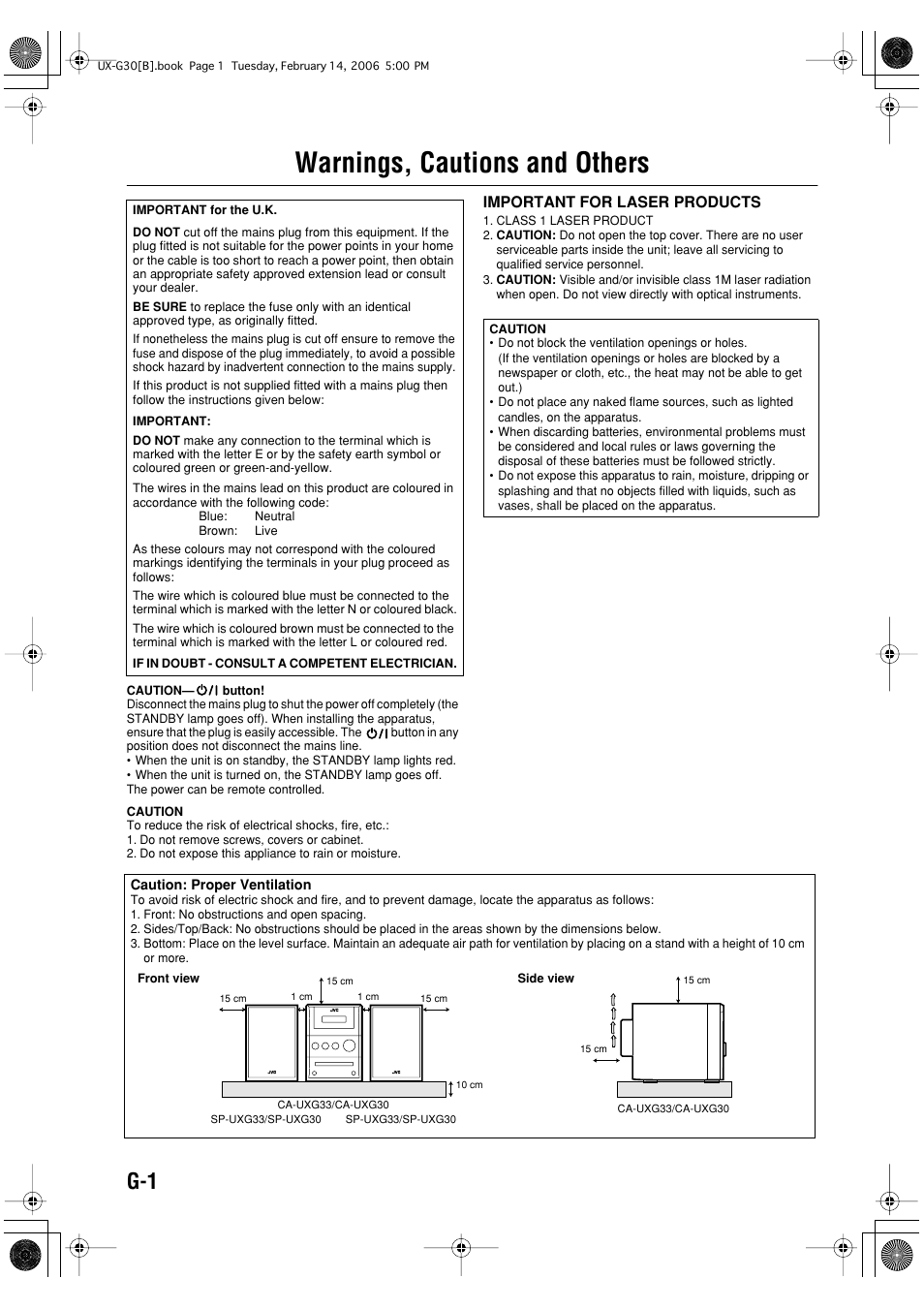 Warnings, cautions and others, Important for laser products | JVC CA-UXG33 User Manual | Page 2 / 24