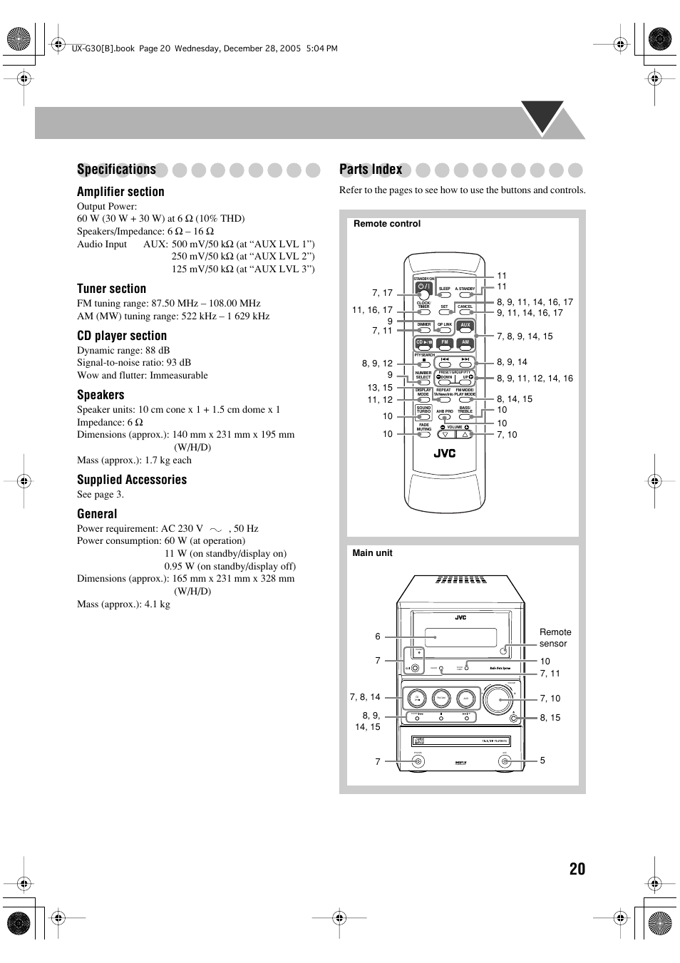 Specifications, Parts index, Speakers | Supplied accessories, General | JVC CA-UXG33 User Manual | Page 23 / 24