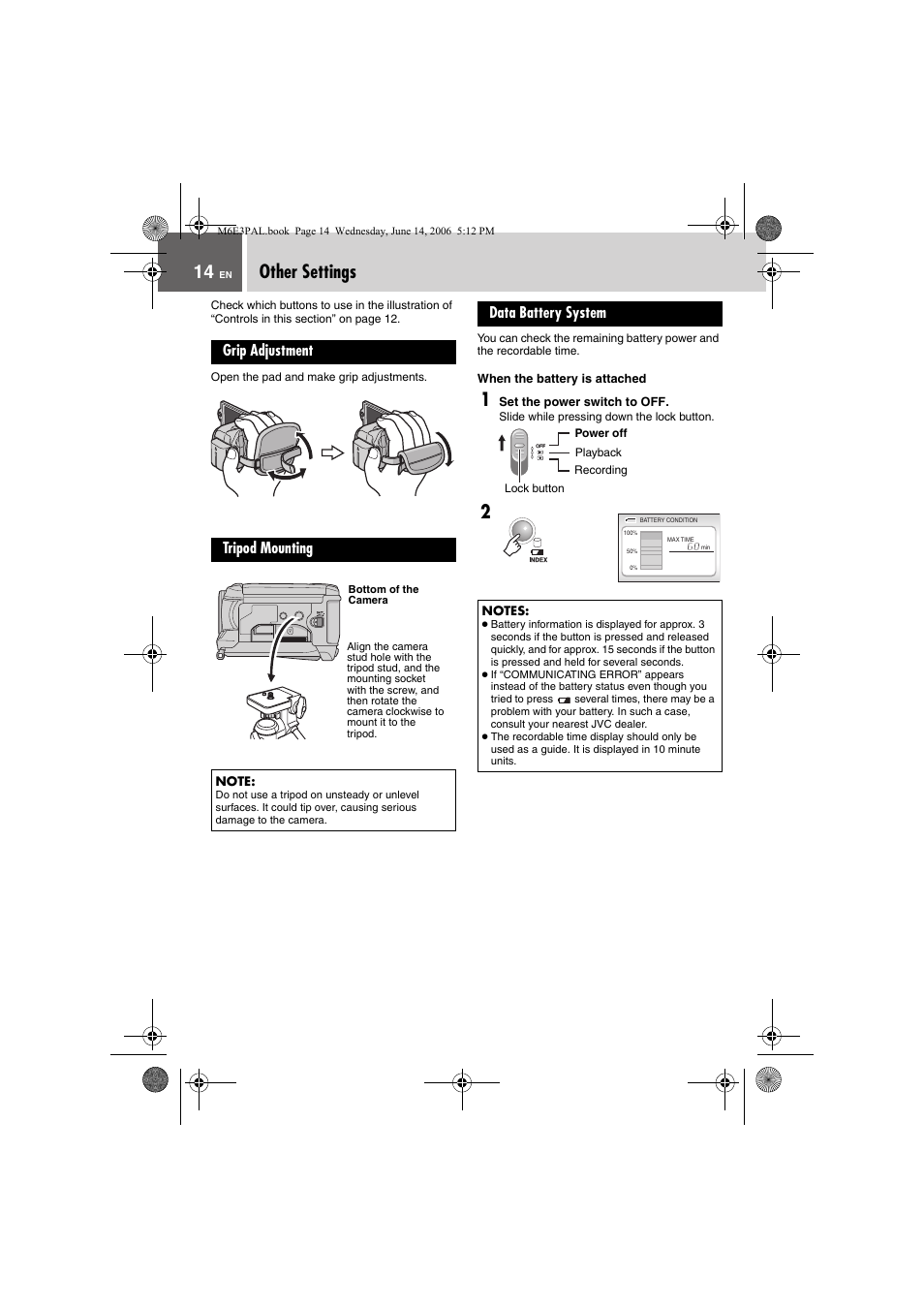 Other settings, Grip adjustment, Tripod mounting | Data battery system, Pg. 14) | JVC Everio GZ-MG37E User Manual | Page 14 / 72