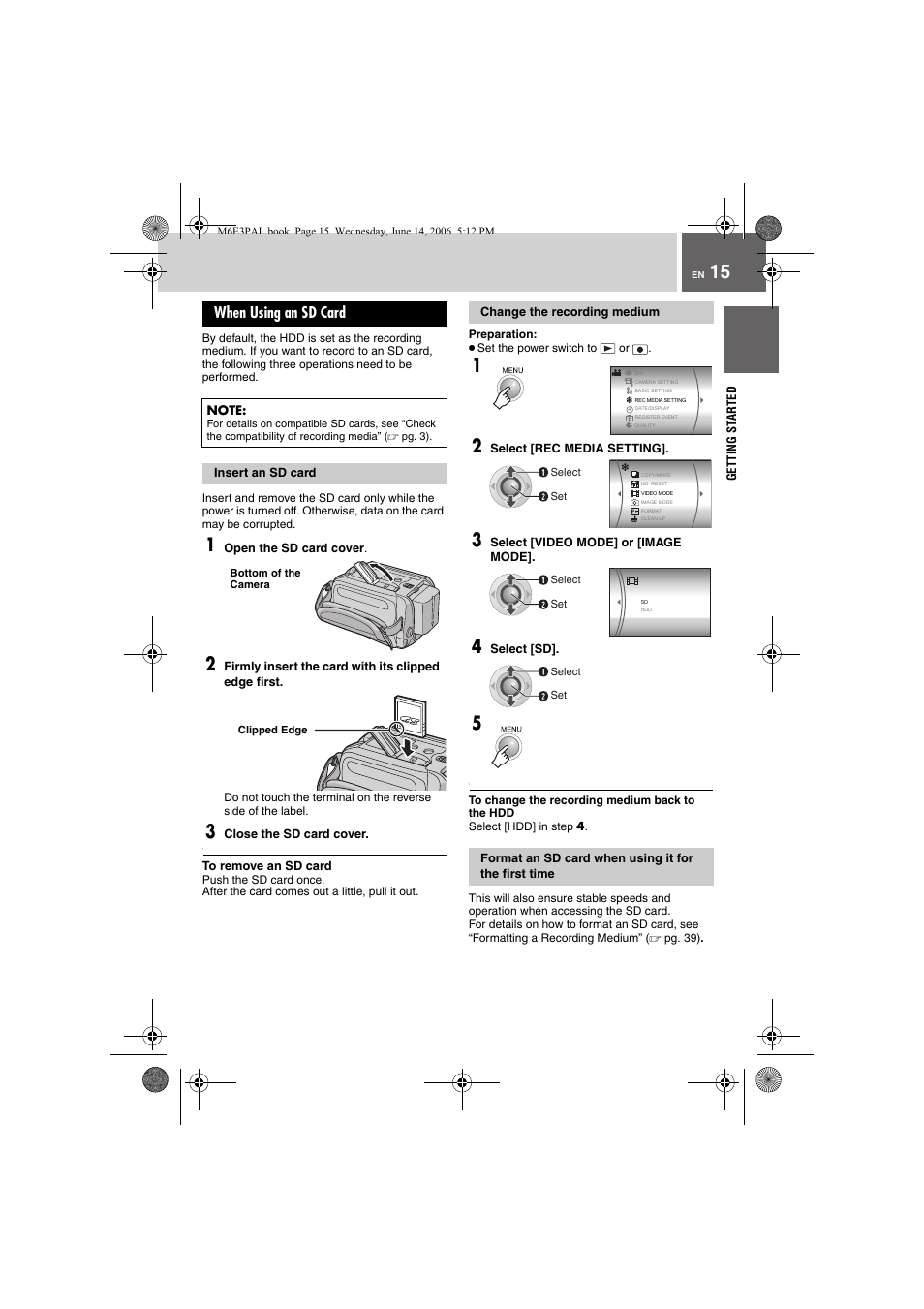 When using an sd card, Insert an sd card, Change the recording medium | Format an sd card when using it for the first time, Pg. 15) | JVC Everio GZ-MG37E User Manual | Page 15 / 72