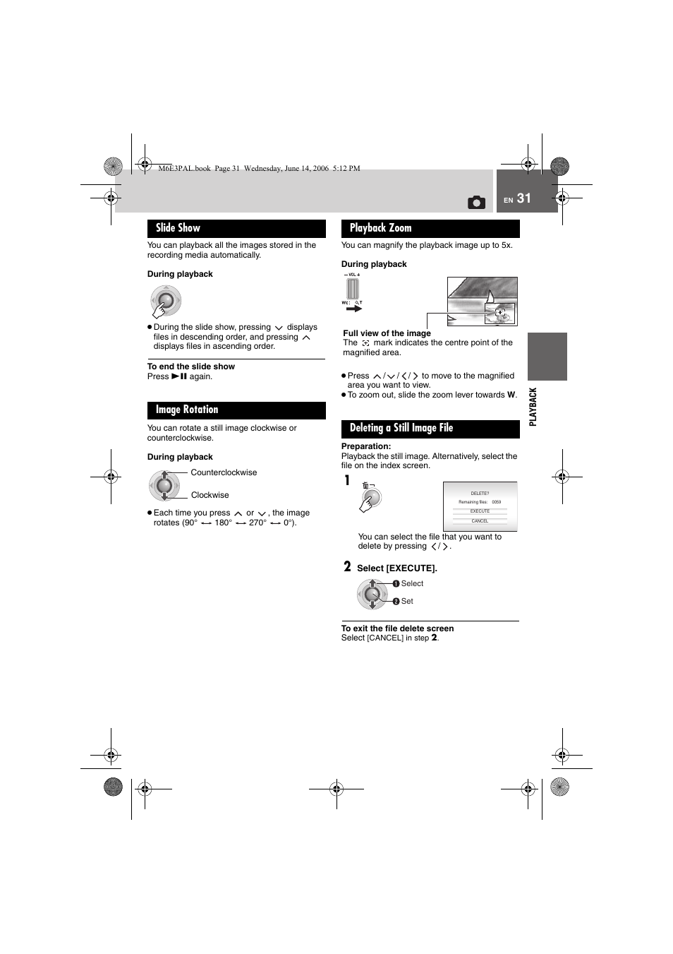 Slide show, Image rotation, Playback zoom | Deleting a still image file | JVC Everio GZ-MG37E User Manual | Page 31 / 72