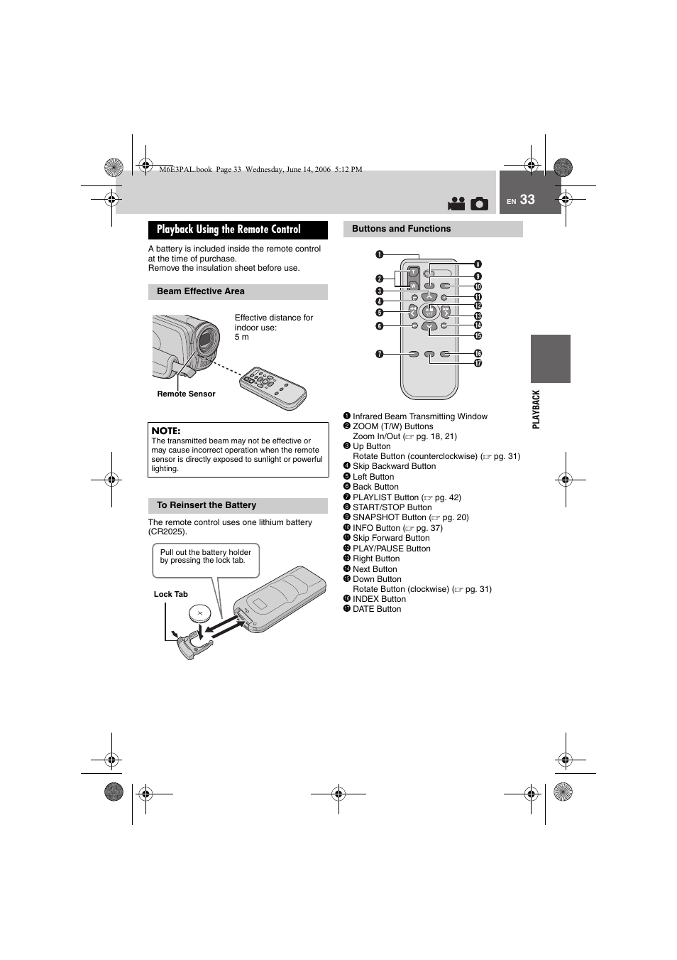 Playback using the remote control, Beam effective area, To reinsert the battery | Buttons and functions, A infrared beam transmitting window, B zoom (t/w) buttons, C up button, D skip backward button, E left button, F back button | JVC Everio GZ-MG37E User Manual | Page 33 / 72