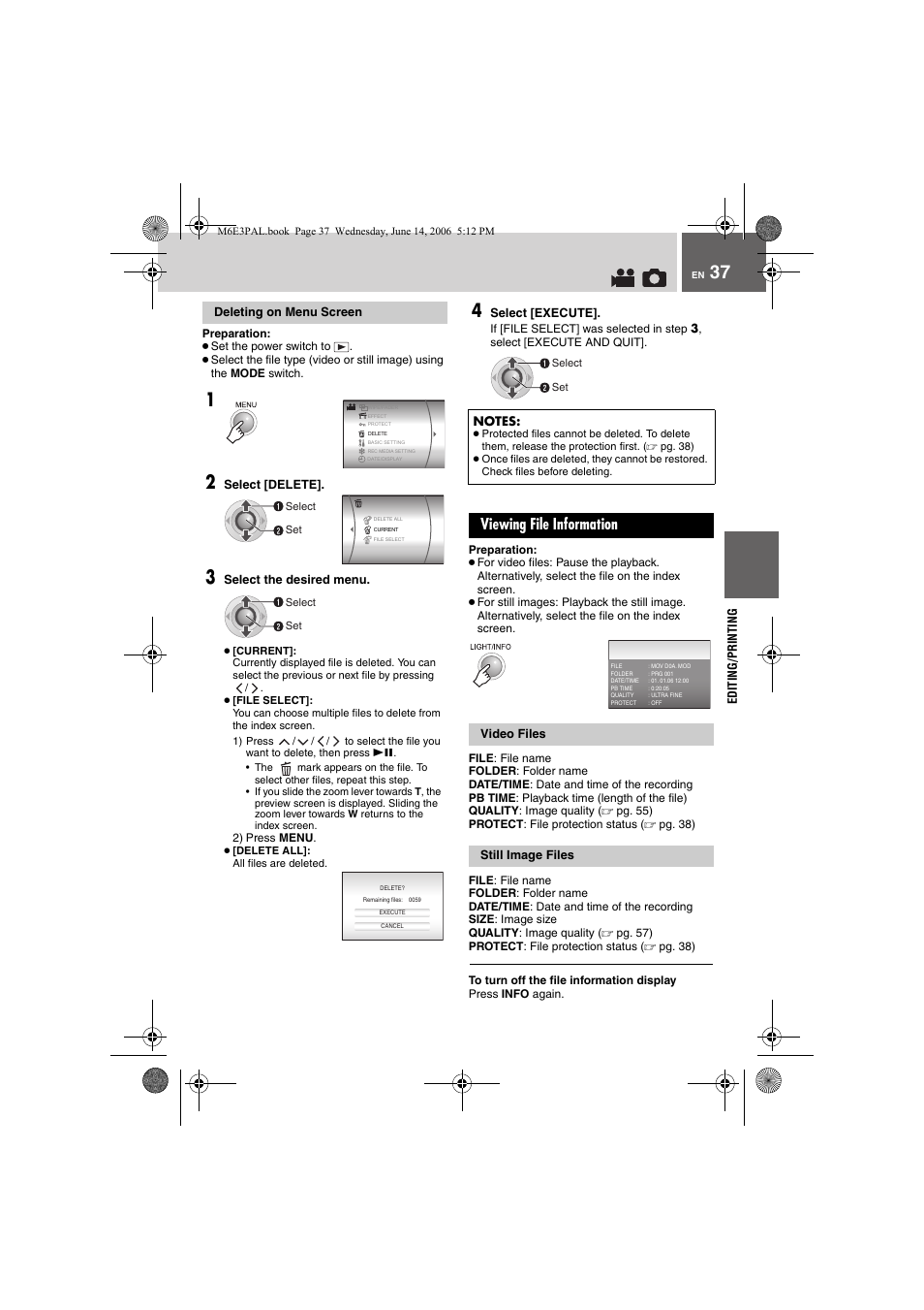 Deleting on menu screen, 2) press menu, Viewing file information | Video files, Still image files, Pg. 37) | JVC Everio GZ-MG37E User Manual | Page 37 / 72