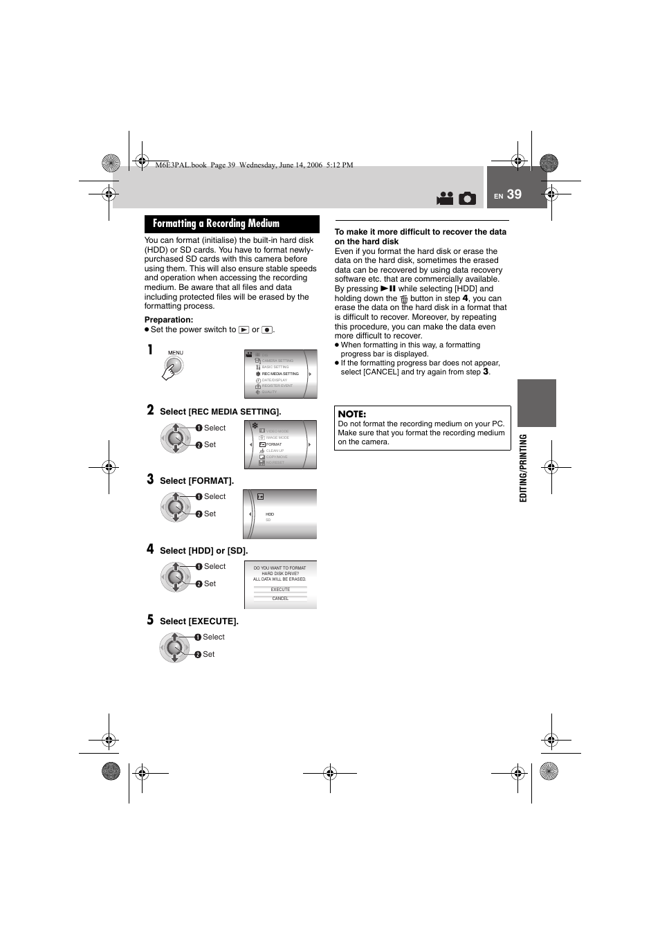 Formatting a recording medium, Pg. 39), 36)/“formatting a recording | Medium | JVC Everio GZ-MG37E User Manual | Page 39 / 72