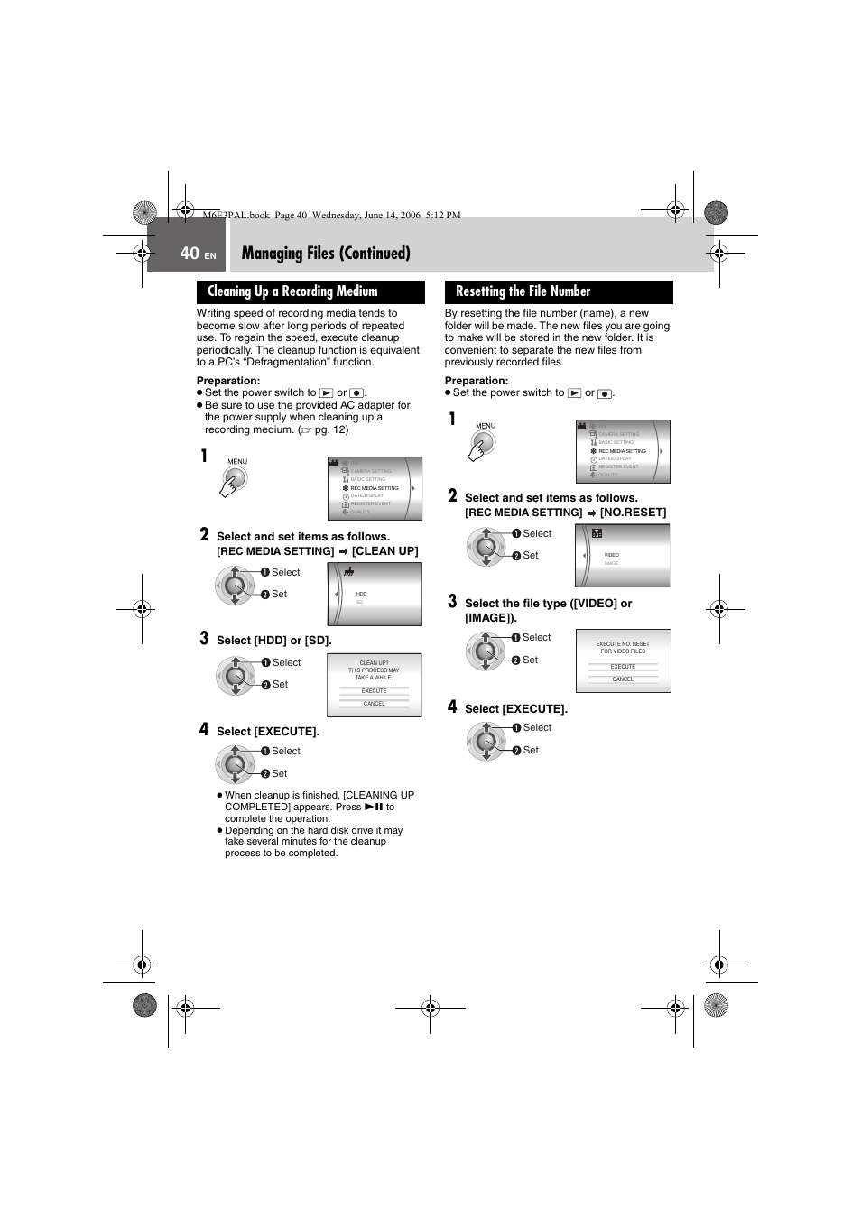 Managing files (continued), Cleaning up a recording medium, Resetting the file number | JVC Everio GZ-MG37E User Manual | Page 40 / 72