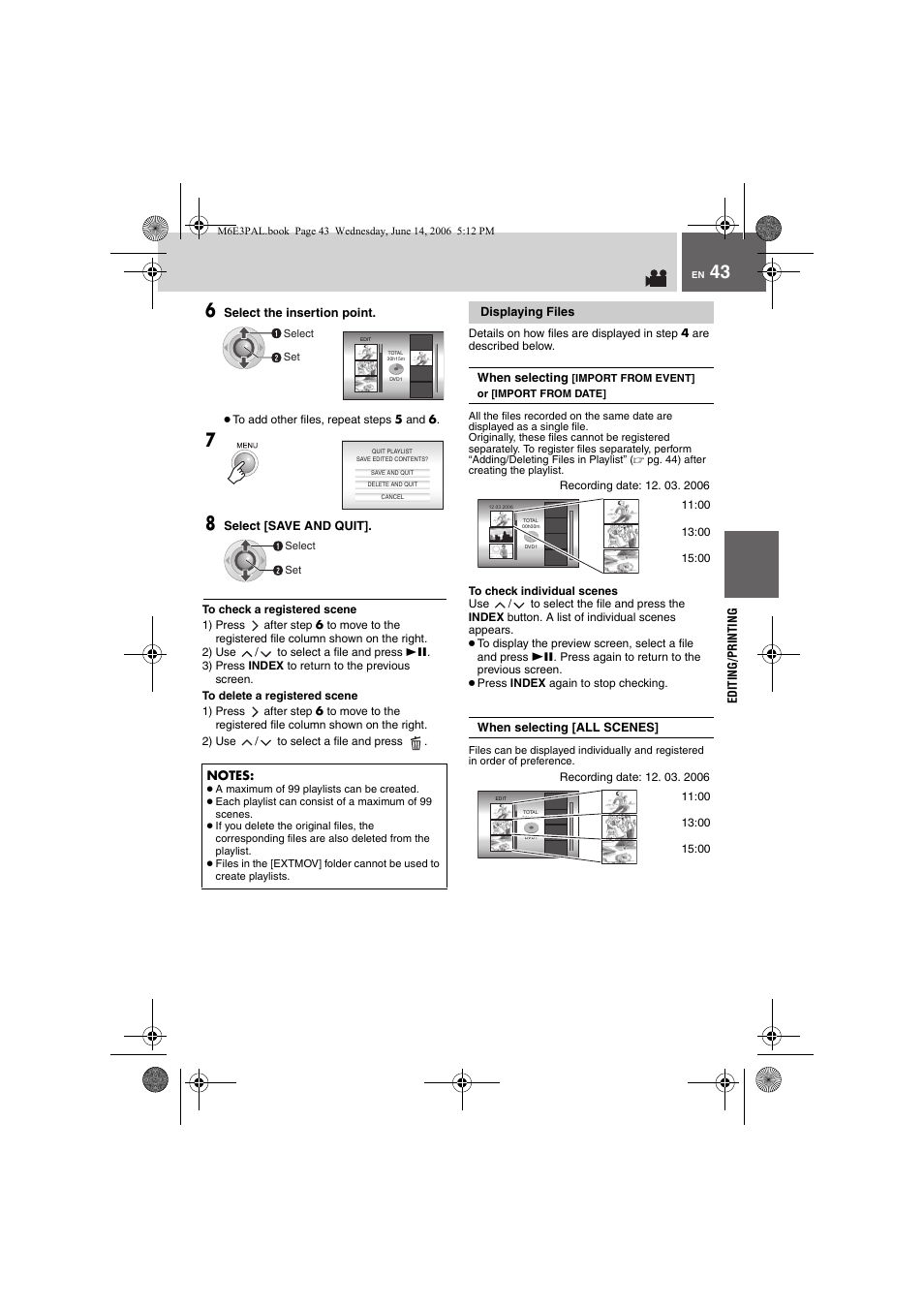 2) use / to select a file and press 49, 3) press index to return to the previous screen, 2) use / to select a file and press | Displaying files, When selecting [all scenes, Pg. 43) | JVC Everio GZ-MG37E User Manual | Page 43 / 72