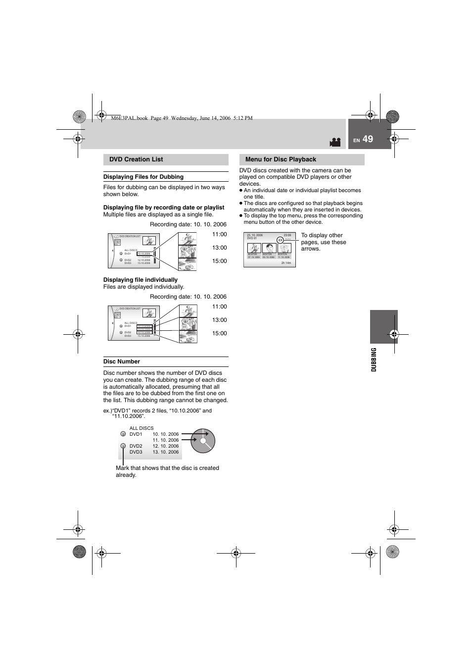 Dvd creation list, Menu for disc playback, Pg. 49) be | JVC Everio GZ-MG37E User Manual | Page 49 / 72