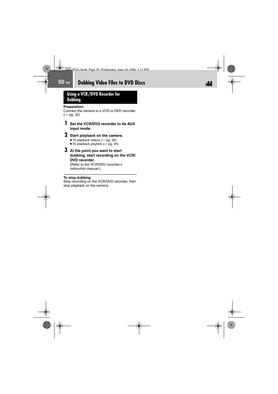 Dubbing video files to dvd discs, Using a vcr/dvd recorder for dubbing | JVC Everio GZ-MG37E User Manual | Page 50 / 72