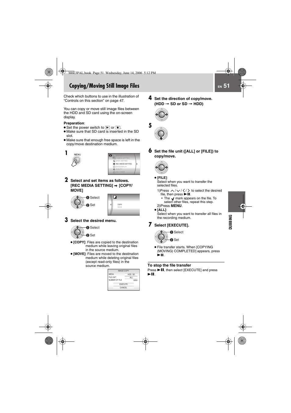 Copying/moving still image files, 2) press menu, 51 copying/moving still image files | JVC Everio GZ-MG37E User Manual | Page 51 / 72