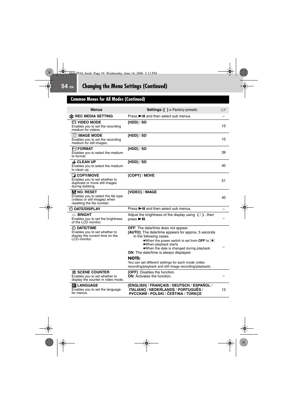 Changing the menu settings (continued), Common menus for all modes (continued), Pg. 54) | JVC Everio GZ-MG37E User Manual | Page 54 / 72