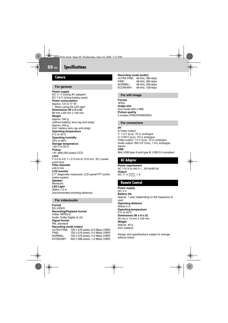 Specifications, Camera, For general | For video/audio, For still image, For connectors, Ac adapter, Remote control | JVC Everio GZ-MG37E User Manual | Page 68 / 72