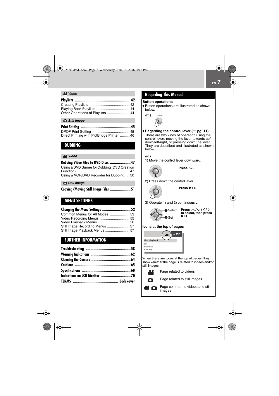 Dubbing, Menu settings, Further information | Regarding this manual | JVC Everio GZ-MG37E User Manual | Page 7 / 72