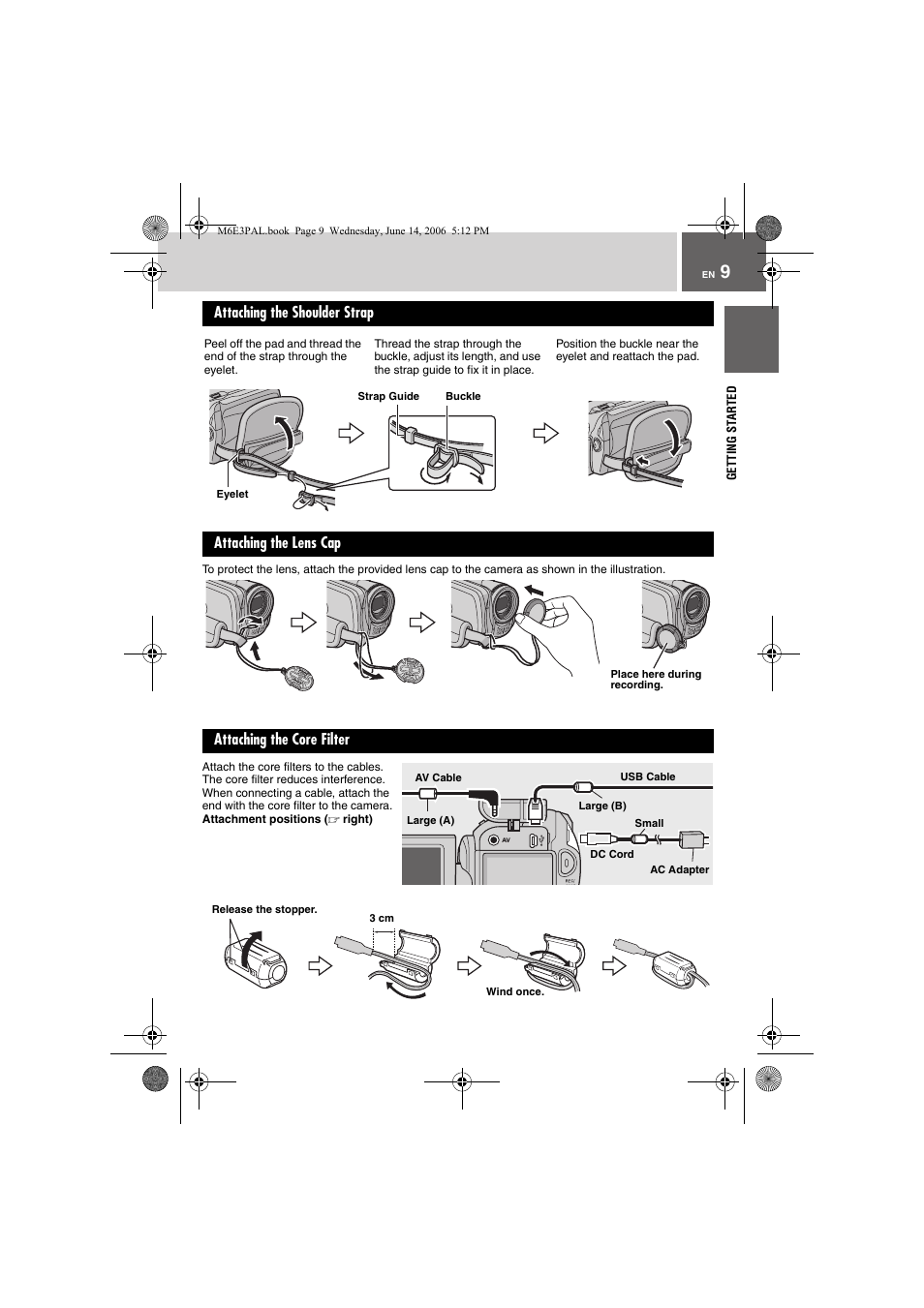 Attaching the shoulder strap, Attaching the lens cap, Attaching the core filter | Pg. 9) | JVC Everio GZ-MG37E User Manual | Page 9 / 72