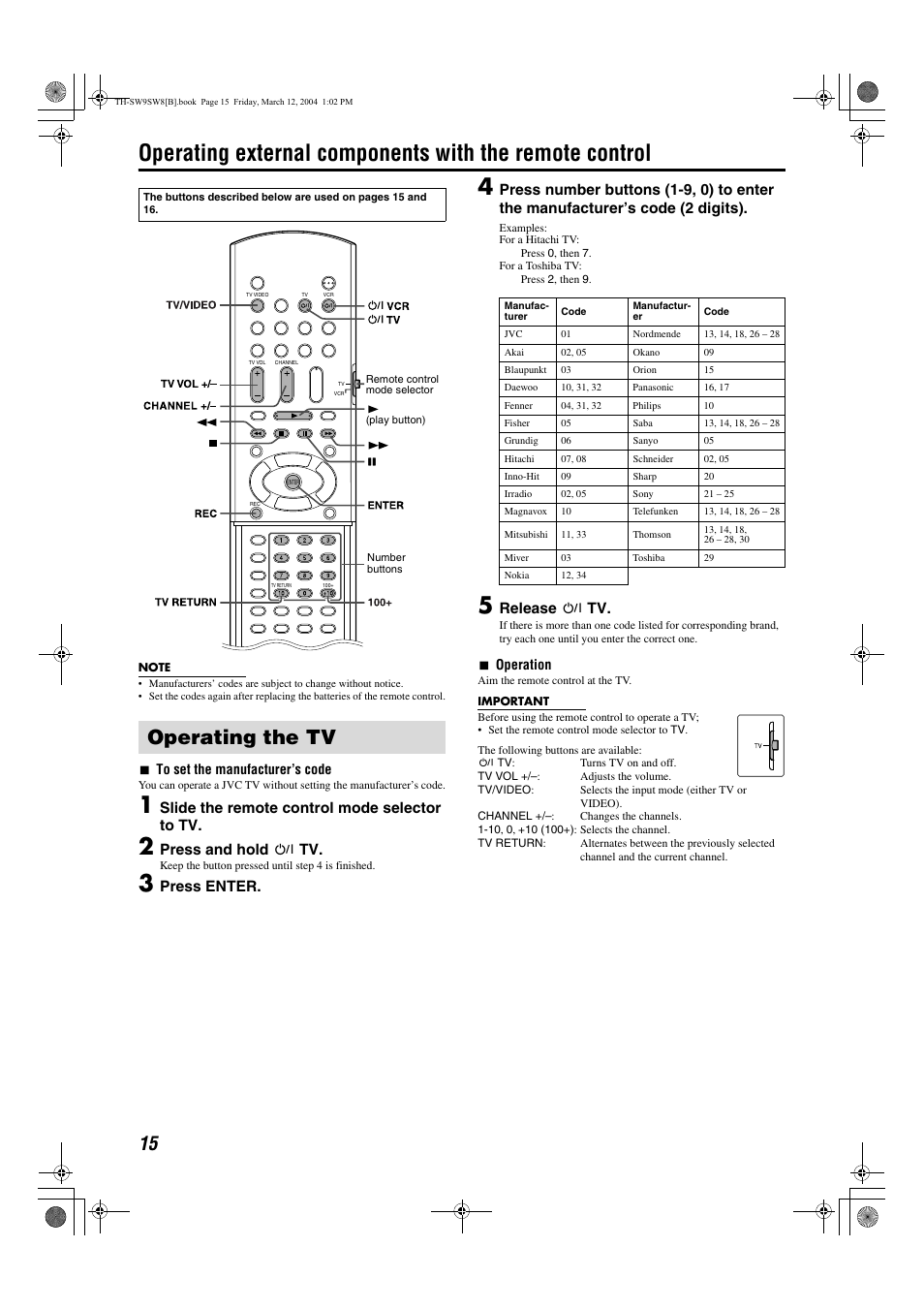 Operating the tv, Pg. 15, Slide the remote control mode selector to tv | Press and hold f tv, Press enter, Release f tv | JVC LVT1150-003B User Manual | Page 20 / 52