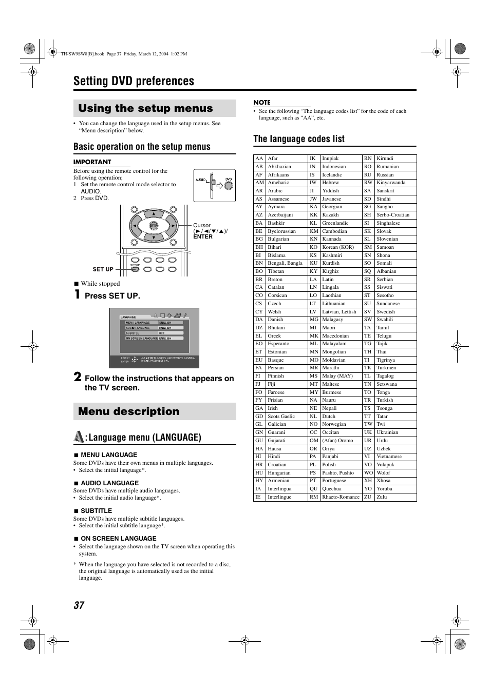 Setting dvd preferences, Using the setup menus menu description, Pg. 37 | See “the language codes list, A pg. 37), The language codes list, Basic operation on the setup menus, Language menu (language), Press set up | JVC LVT1150-003B User Manual | Page 42 / 52