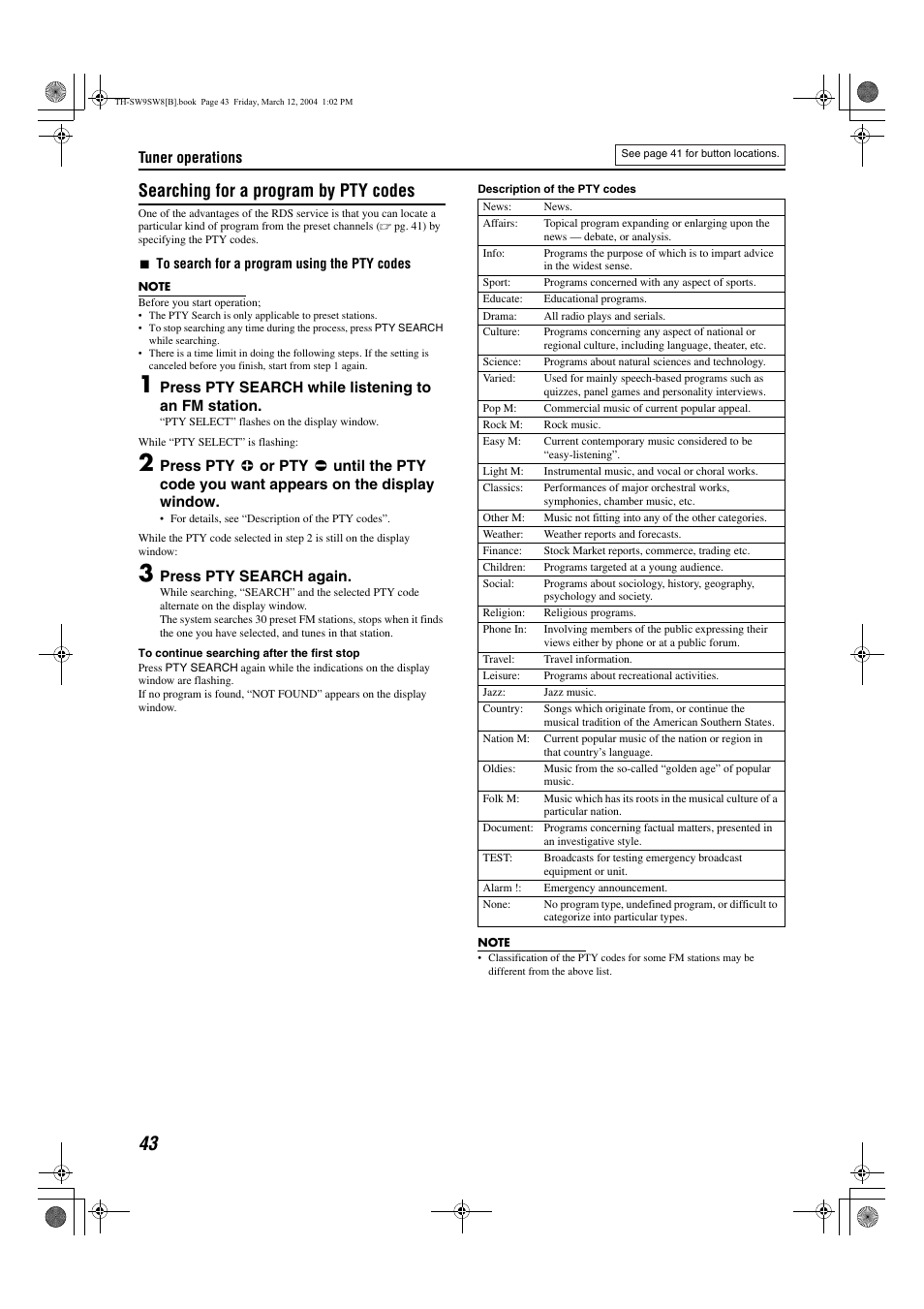 Searching for a program by pty codes | JVC LVT1150-003B User Manual | Page 48 / 52