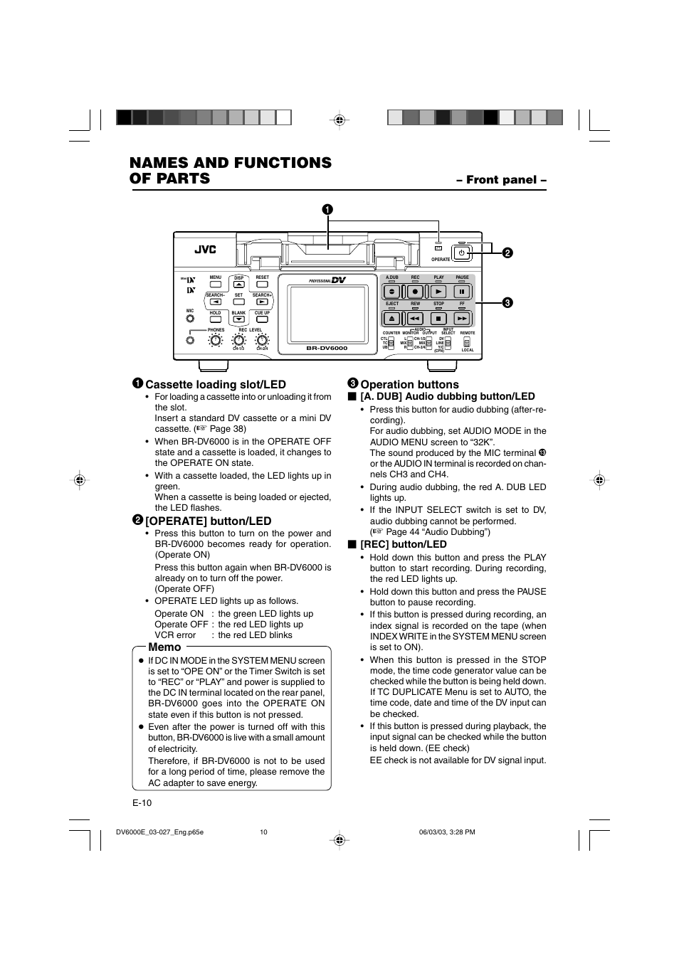 Names and functions of parts, Front panel, Operation buttons | Cassette loading slot/led, Operate] button/led, A. dub] audio dubbing button/led, Rec] button/led | JVC BR-DV6000E User Manual | Page 10 / 106