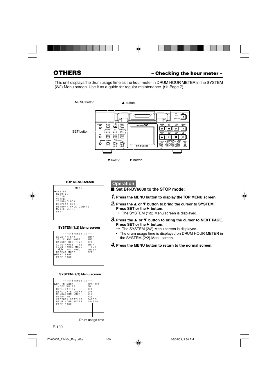 Checking the hour meter, Others, Operation | Set br-dv6000 to the stop mode, Page 7), E-100 | JVC BR-DV6000E User Manual | Page 100 / 106