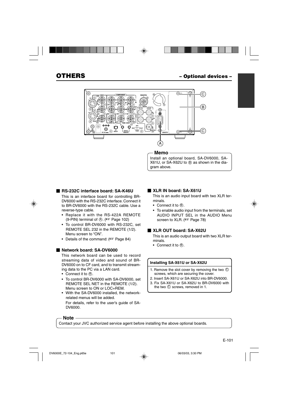 Optional devices, Others, Xlr in board: sa-x61u | Xlr out board: sa-x62u, Network board: sa-dv6000 | JVC BR-DV6000E User Manual | Page 101 / 106