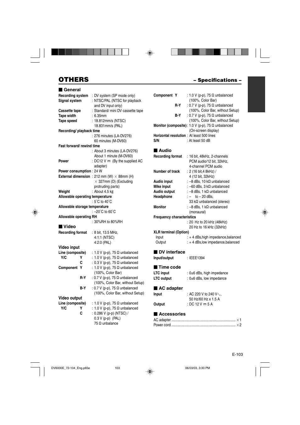 Specifications, Others | JVC BR-DV6000E User Manual | Page 103 / 106