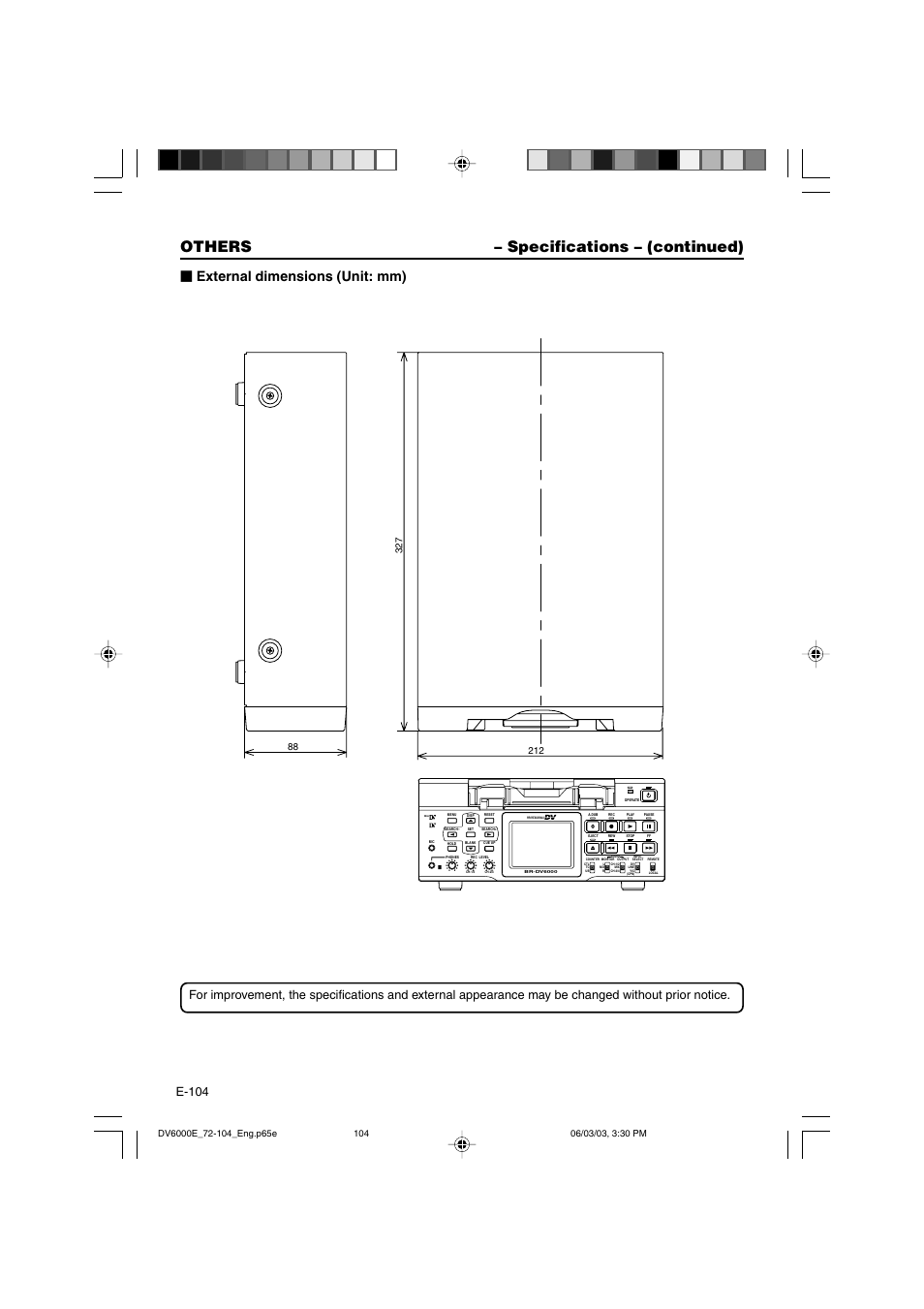 Others – specifications – (continued), External dimensions (unit: mm), E-104 | JVC BR-DV6000E User Manual | Page 104 / 106