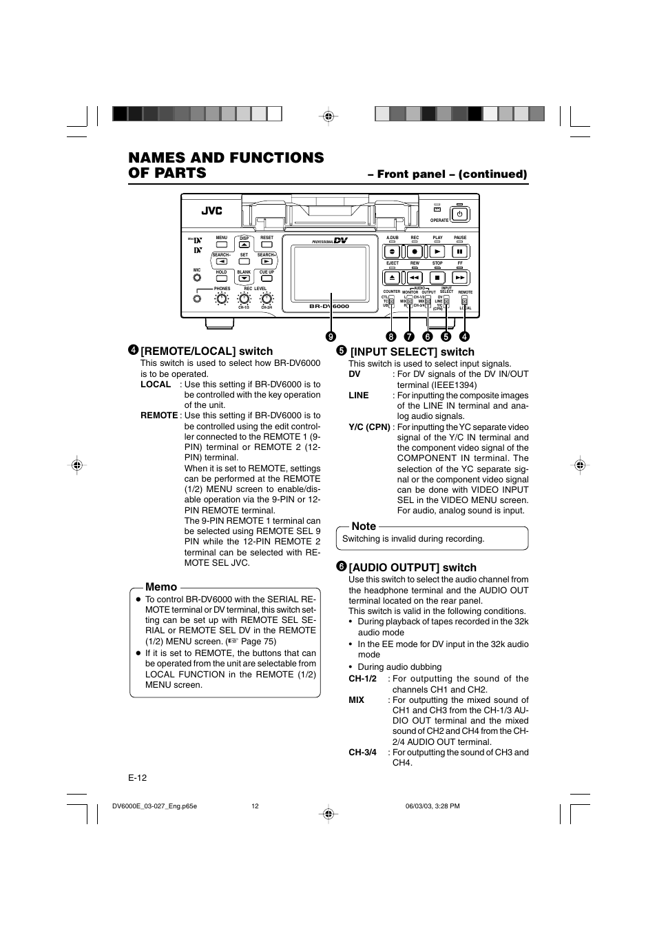 Names and functions of parts, Remote/local] switch, Input select] switch | Audio output] switch | JVC BR-DV6000E User Manual | Page 12 / 106