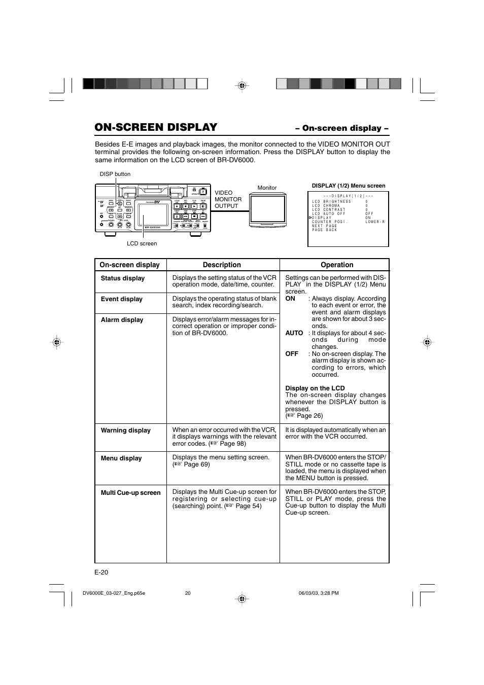 On-screen display, On-screen display description operation, E-20 | Page 98) displays the menu setting screen | JVC BR-DV6000E User Manual | Page 20 / 106