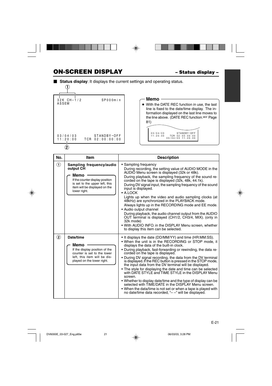 Status display, On-screen display | JVC BR-DV6000E User Manual | Page 21 / 106