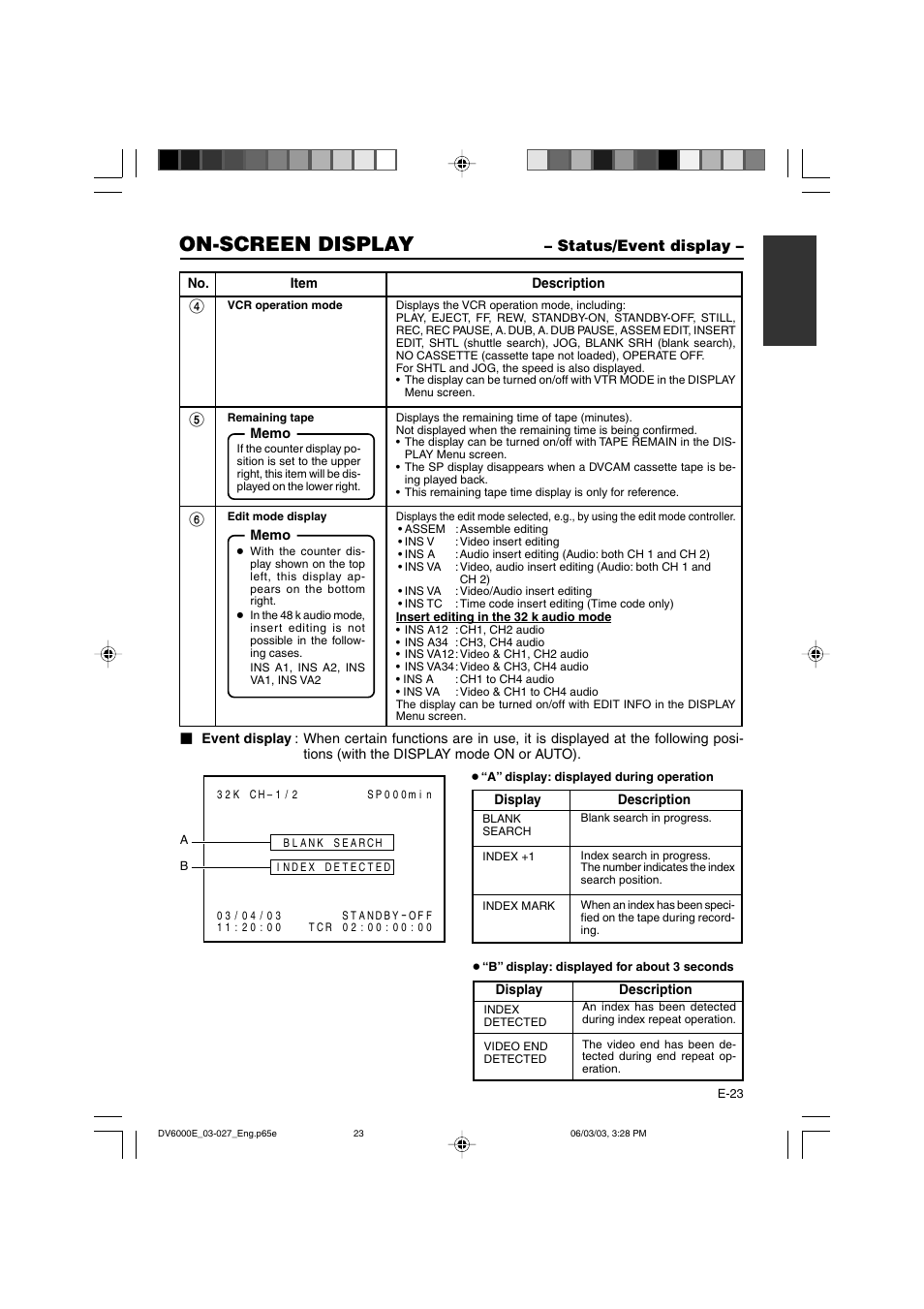 Status/event display, On-screen display | JVC BR-DV6000E User Manual | Page 23 / 106