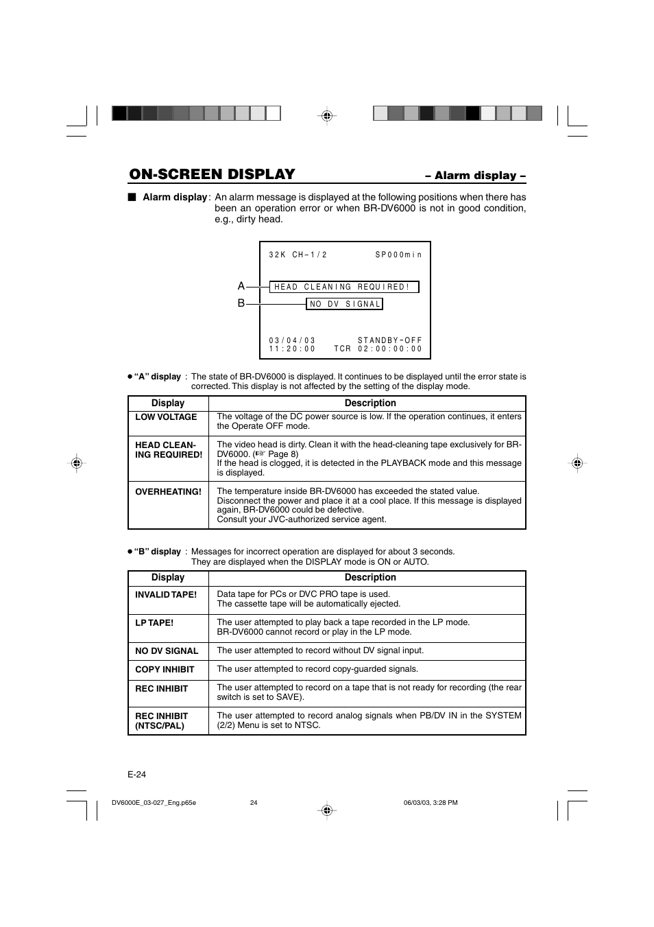 Alarm display, On-screen display | JVC BR-DV6000E User Manual | Page 24 / 106