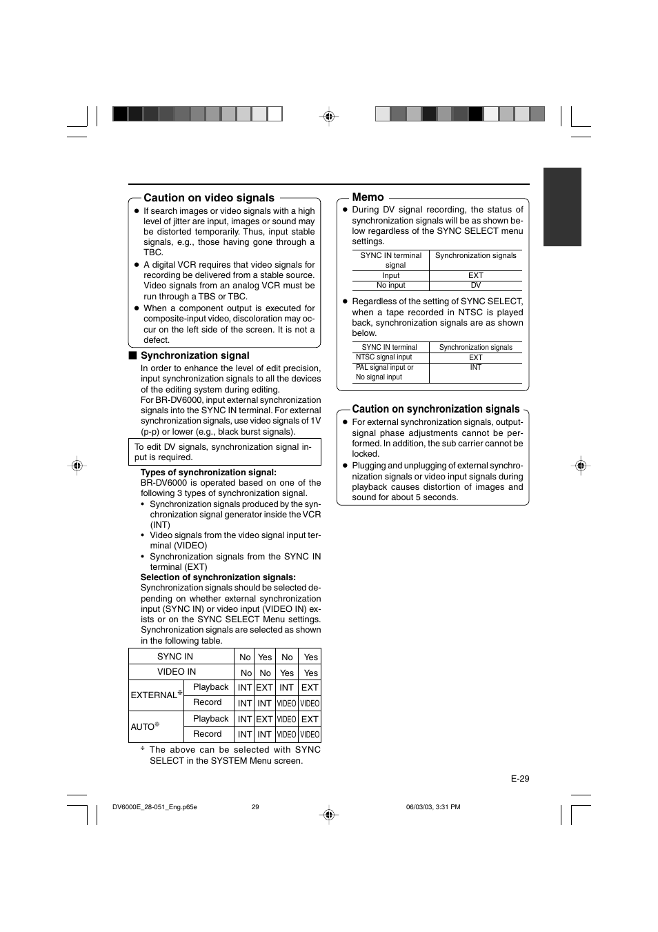 Caution on video signals, Caution on synchronization signals | JVC BR-DV6000E User Manual | Page 29 / 106