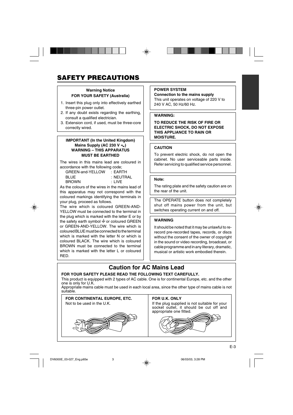 Safety precautions, Caution for ac mains lead | JVC BR-DV6000E User Manual | Page 3 / 106