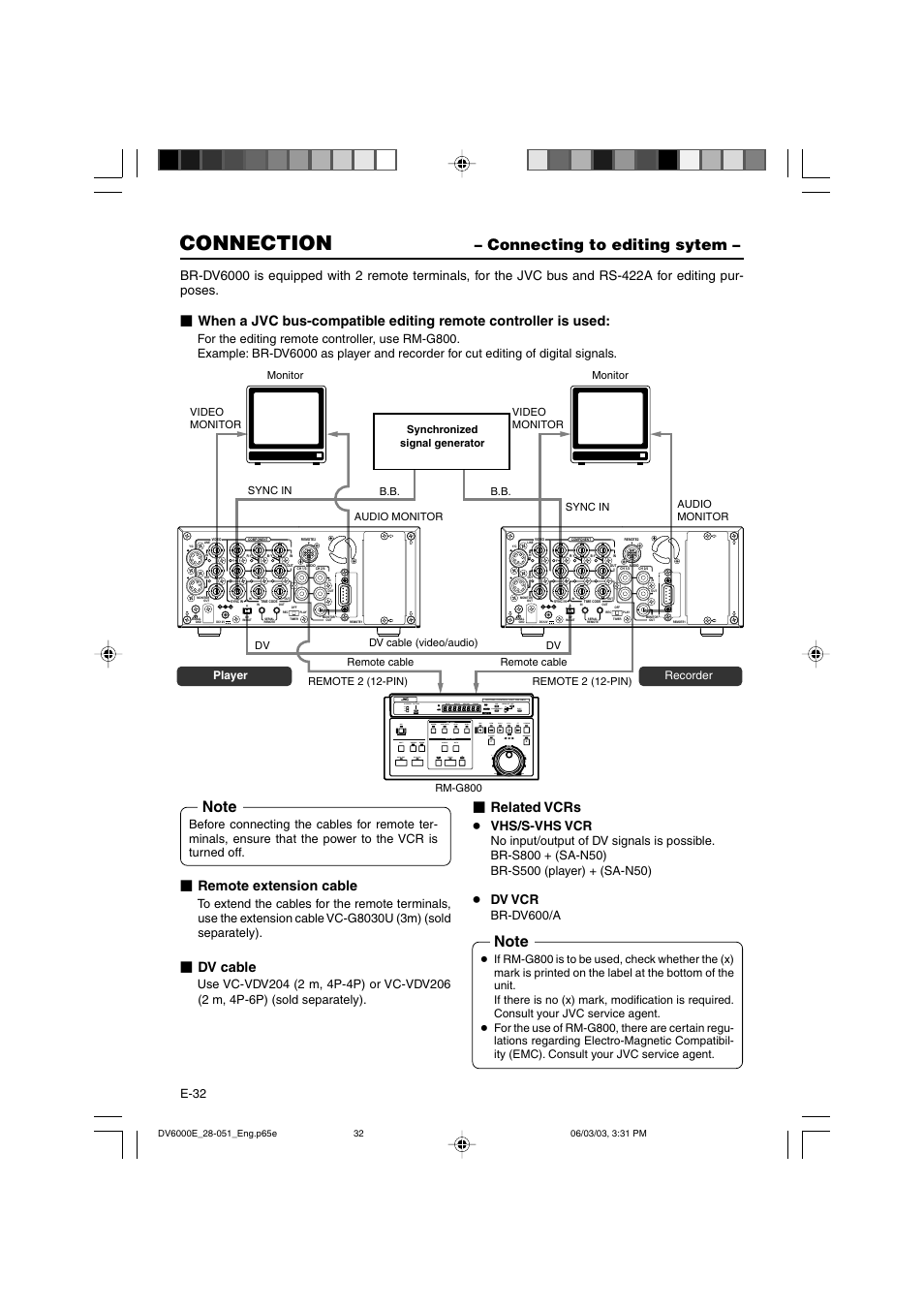 Connecting to editing sytem, Connection, Lap counter reset menu set set eject on off | Remote extension cable, Dv cable, Related vcrs, Vhs/s-vhs vcr, Dv vcr | JVC BR-DV6000E User Manual | Page 32 / 106