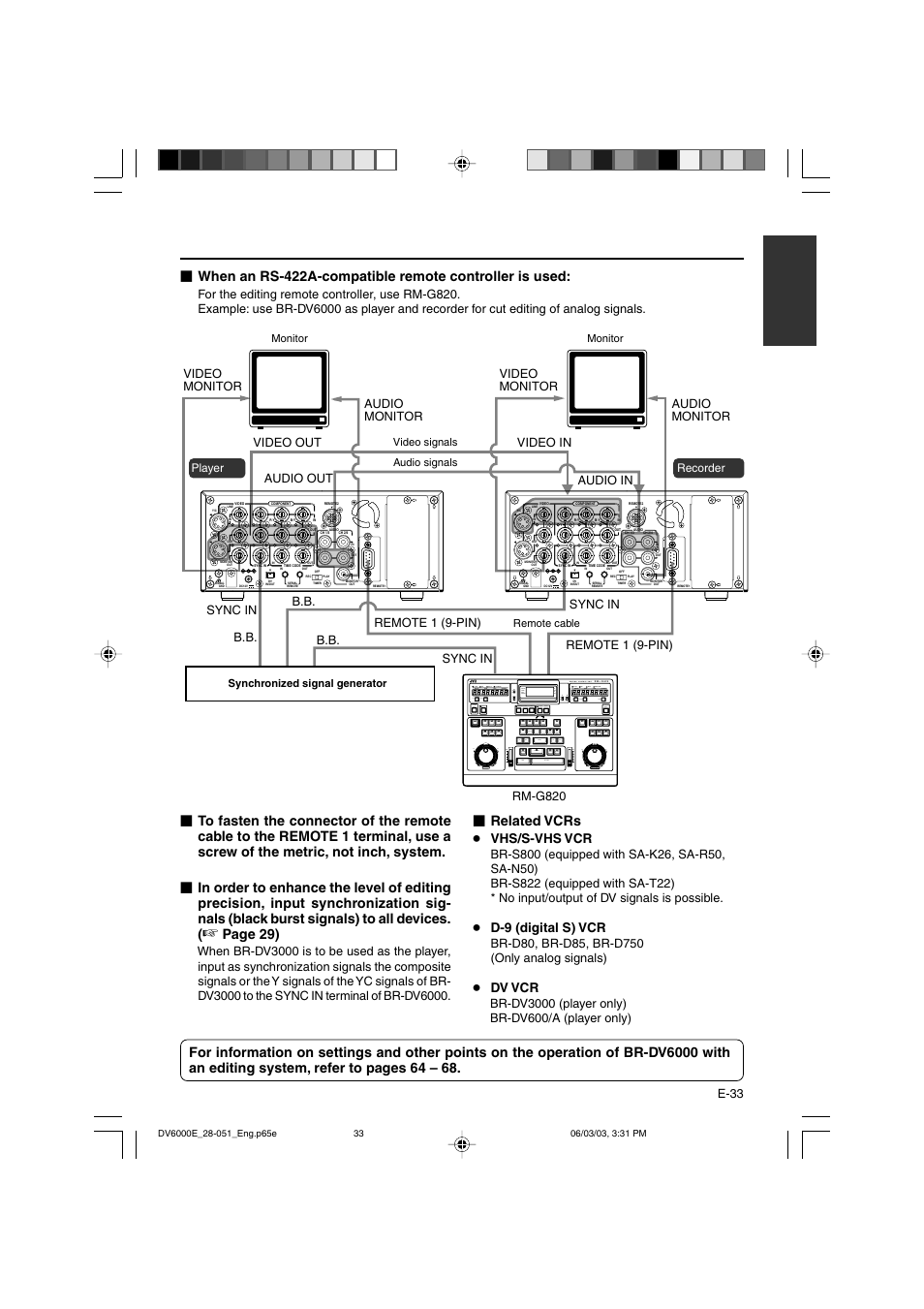 Page 29), Related vcrs | JVC BR-DV6000E User Manual | Page 33 / 106