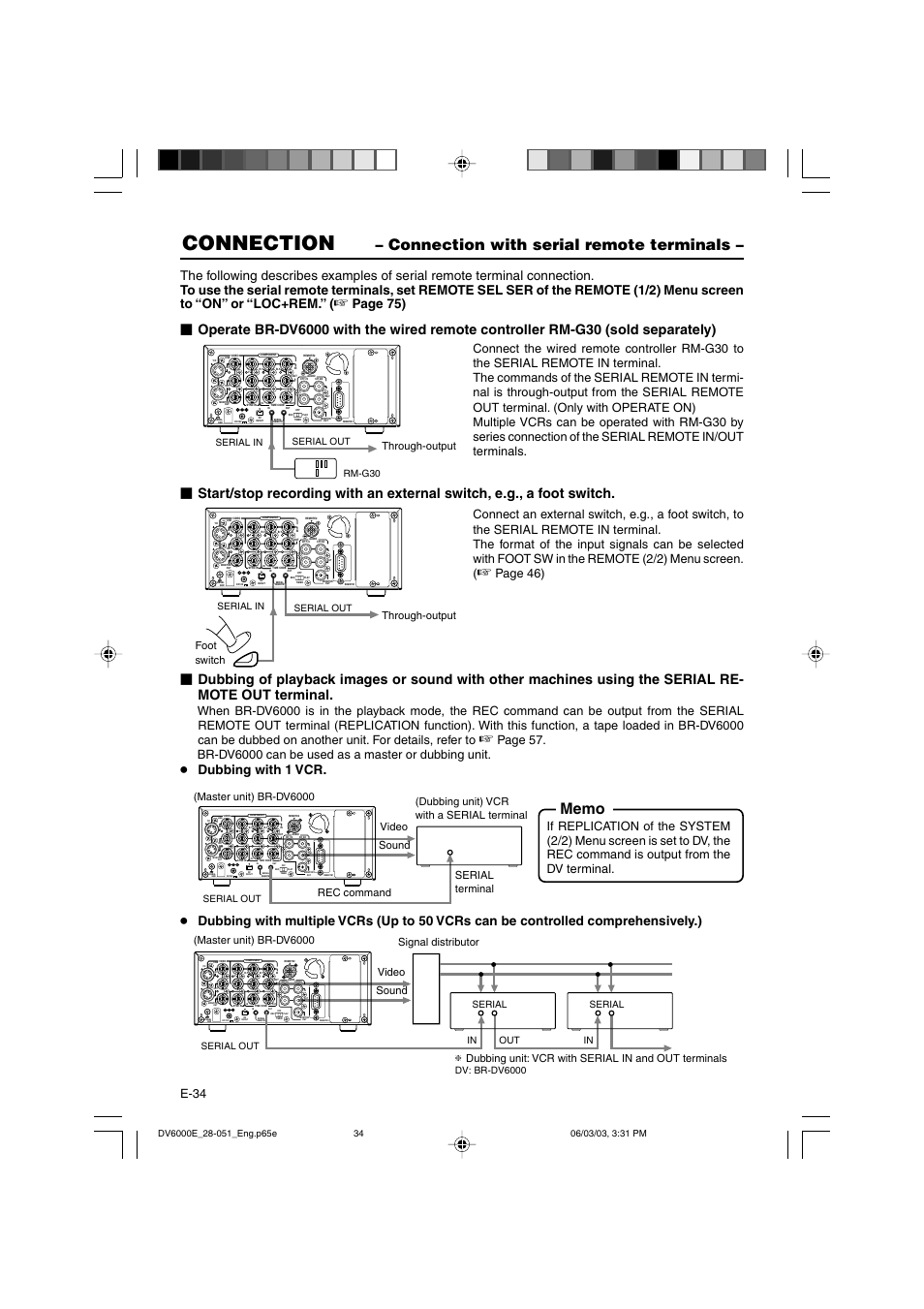 Connection with serial remote terminals, Connection, Page 75) | Dubbing with 1 vcr, E-34, Page 46), Through-output, Master unit) br-dv6000 video sound, Serial out, Serial in serial out rm-g30 | JVC BR-DV6000E User Manual | Page 34 / 106