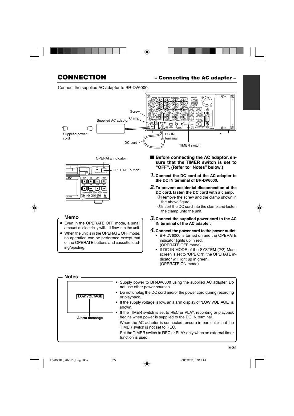 Connecting the ac adapter, Connection, Connect the supplied ac adaptor to br-dv6000 | E-35 | JVC BR-DV6000E User Manual | Page 35 / 106