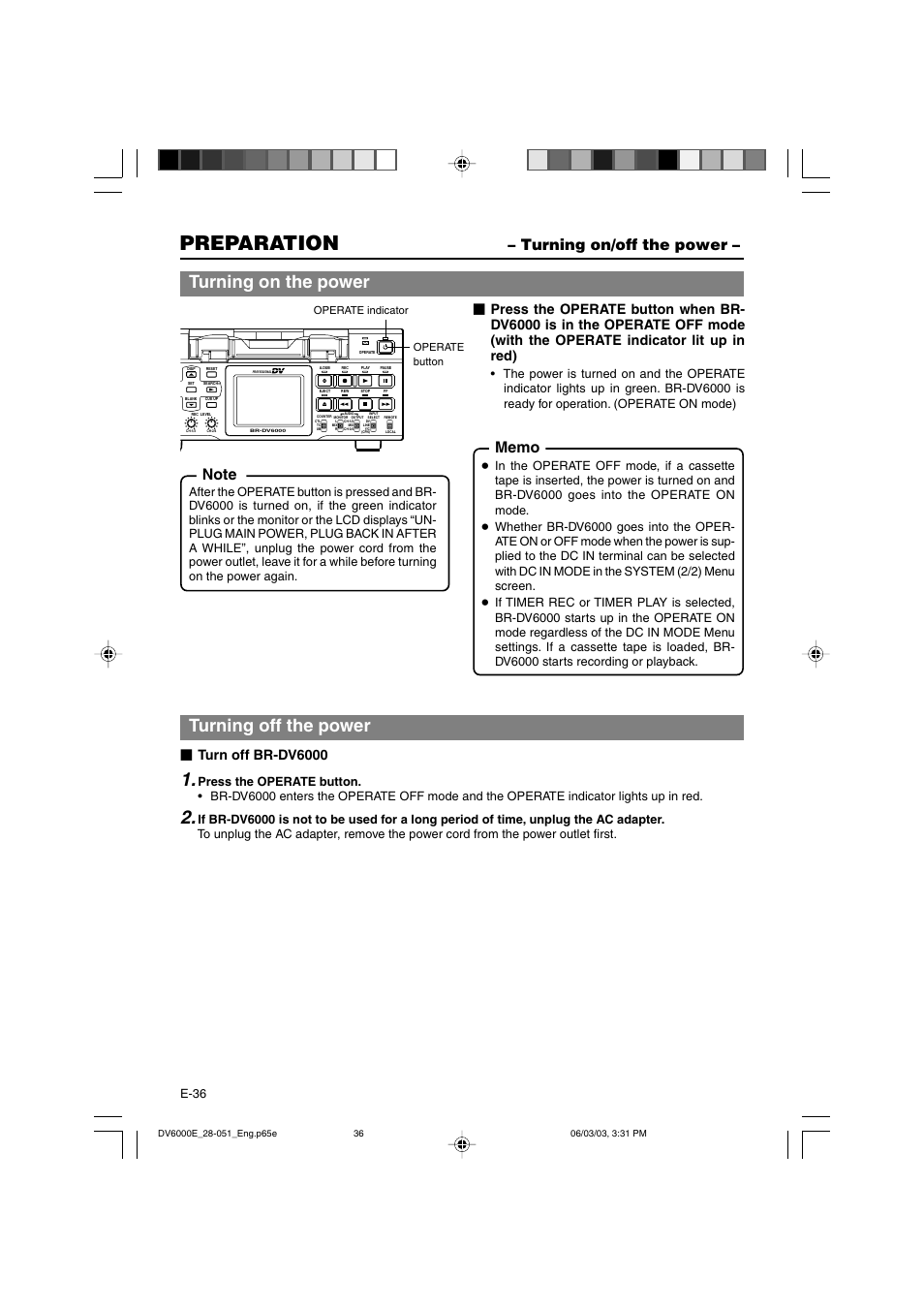 Preparation, Turning on/off the power, Turning on the power | Turning off the power, Turn off br-dv6000, E-36 | JVC BR-DV6000E User Manual | Page 36 / 106