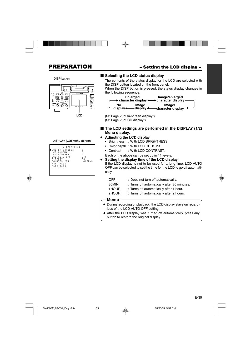 Setting the lcd display, Preparation, Selecting the lcd status display | Adjusting the lcd display, Setting the display time of the lcd display | JVC BR-DV6000E User Manual | Page 39 / 106