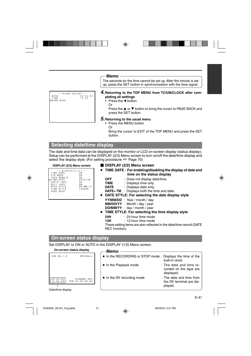 Selecting date/time display, On-screen status display, Display (2/2) menu screen | JVC BR-DV6000E User Manual | Page 41 / 106