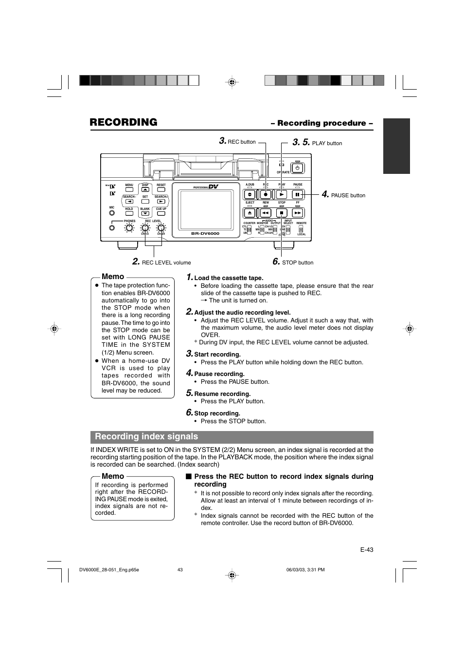 Recording procedure, Recording, Recording index signals | JVC BR-DV6000E User Manual | Page 43 / 106