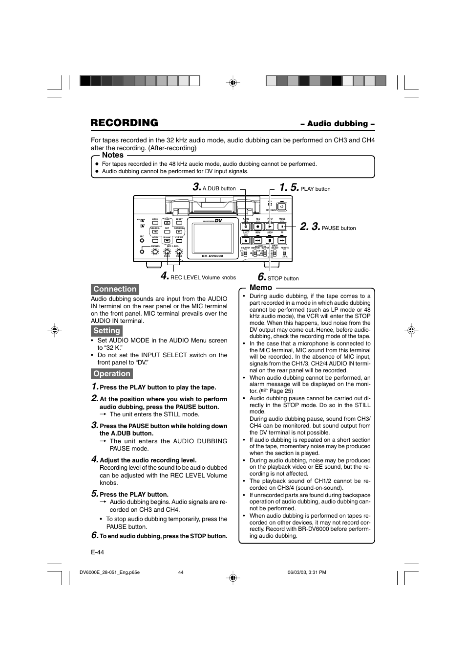 Audio dubbing, Recording, Connection | Setting, Operation | JVC BR-DV6000E User Manual | Page 44 / 106